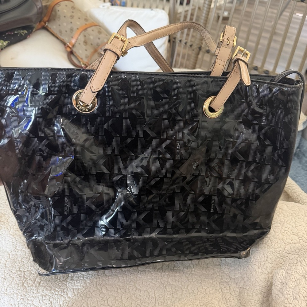 Michael Kors Jet Set Black Patent PVC Monogram Tote Shoulder Bag Large Gold